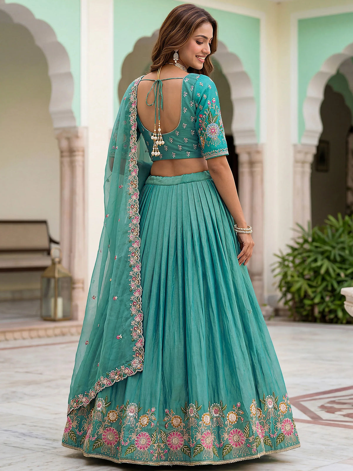 Wonderful Sea Green Floral Embroidery Organza Lehenga Choli With Dupatta