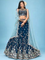 Great Blue Floral Embroidery Silk Wedding Wear Lehenga Choli