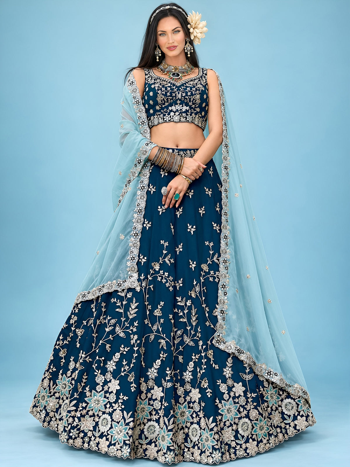Great Blue Floral Embroidery Silk Wedding Wear Lehenga Choli