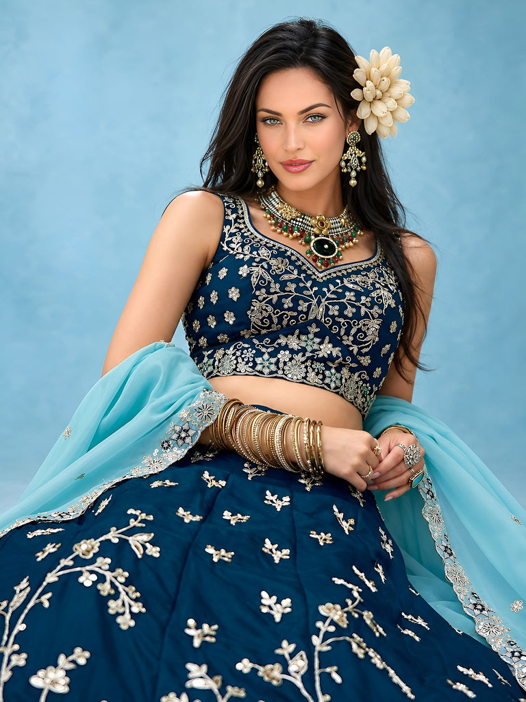 Great Blue Floral Embroidery Silk Wedding Wear Lehenga Choli