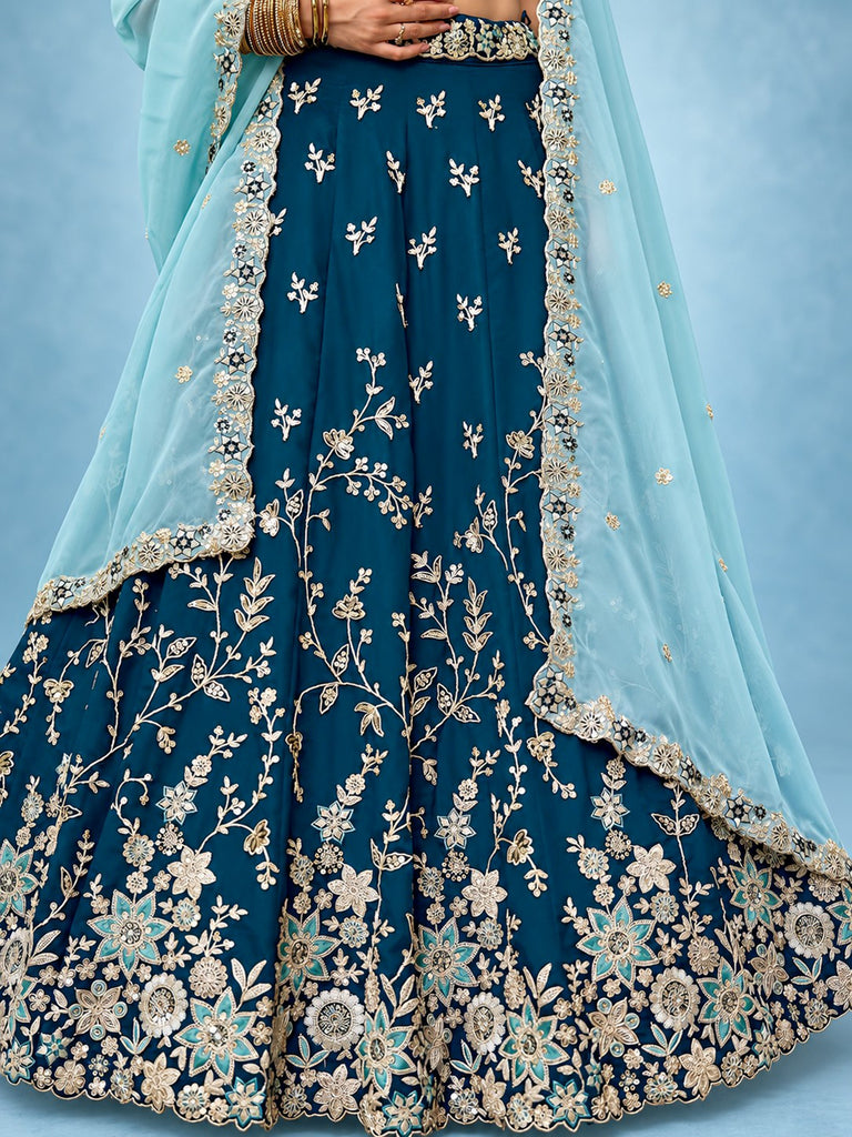 Great Blue Floral Embroidery Silk Wedding Wear Lehenga Choli