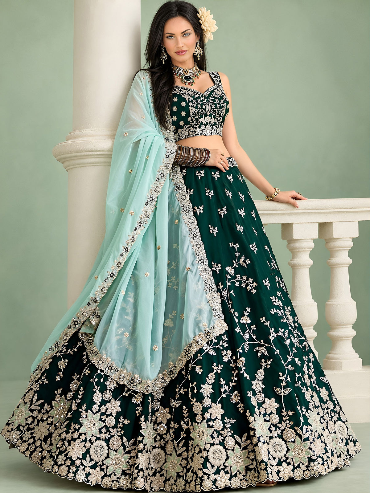 Stunning Green Thread Work Silk Traditional Lehenga Choli With Dupatta