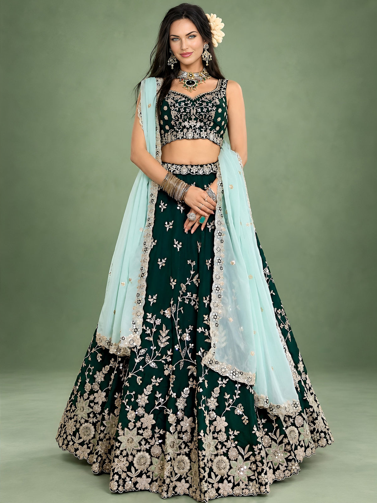 Stunning Green Thread Work Silk Traditional Lehenga Choli With Dupatta