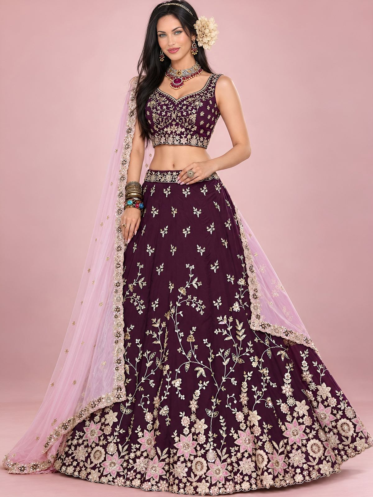 Adorable Maroon Dori Work Silk Reception Wear Lehenga Choli