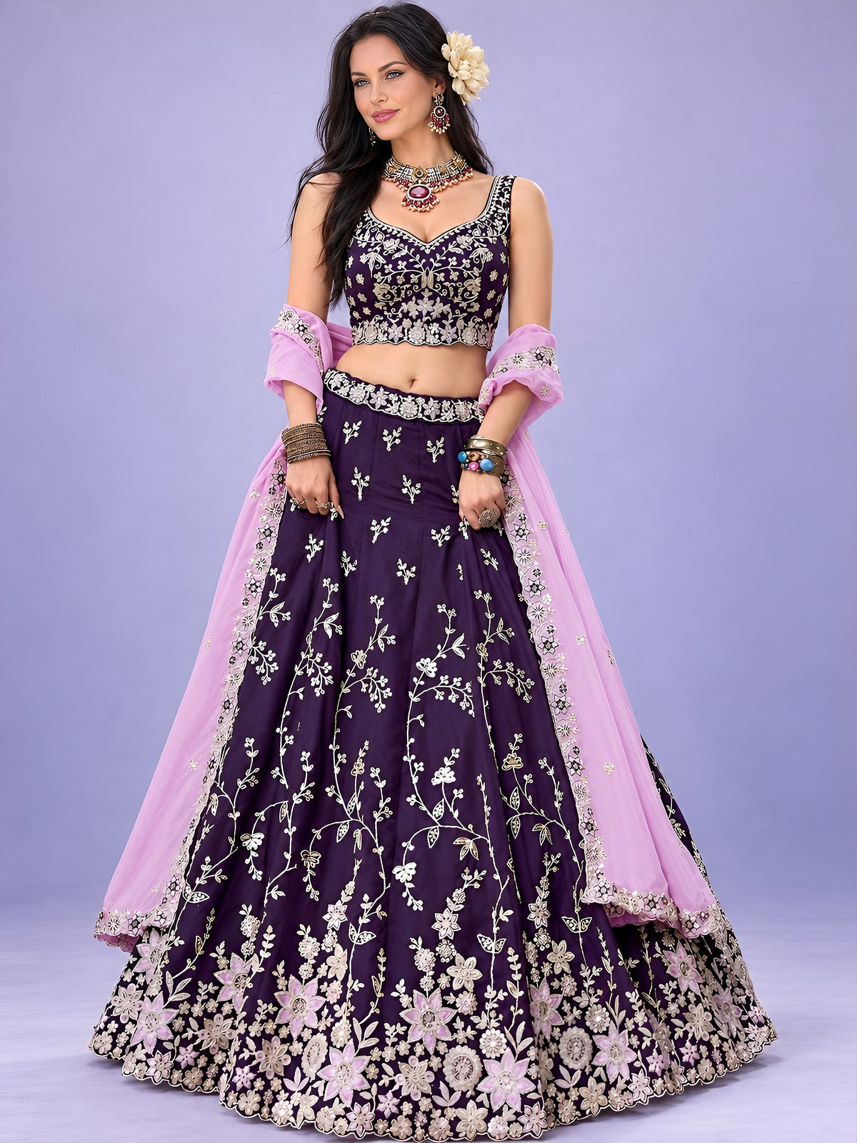 Alluring Purple Sequins Silk Engagement Wear Lehenga Choli With Dupatta
