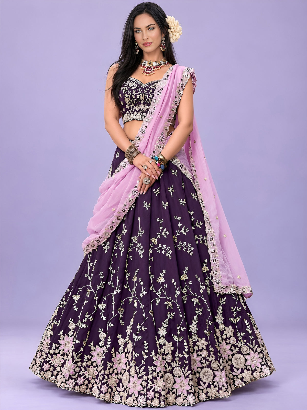 Alluring Purple Sequins Silk Engagement Wear Lehenga Choli With Dupatta