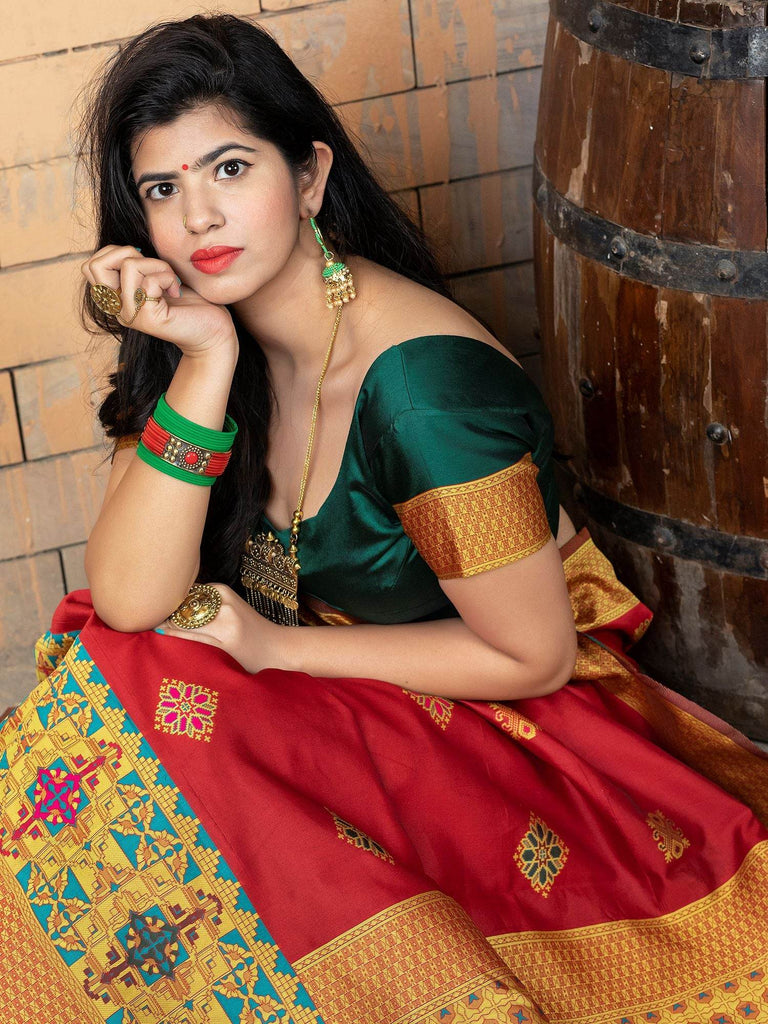 Beautiful Red Zari Weaving Banarasi Silk Festival Saree With Blouse