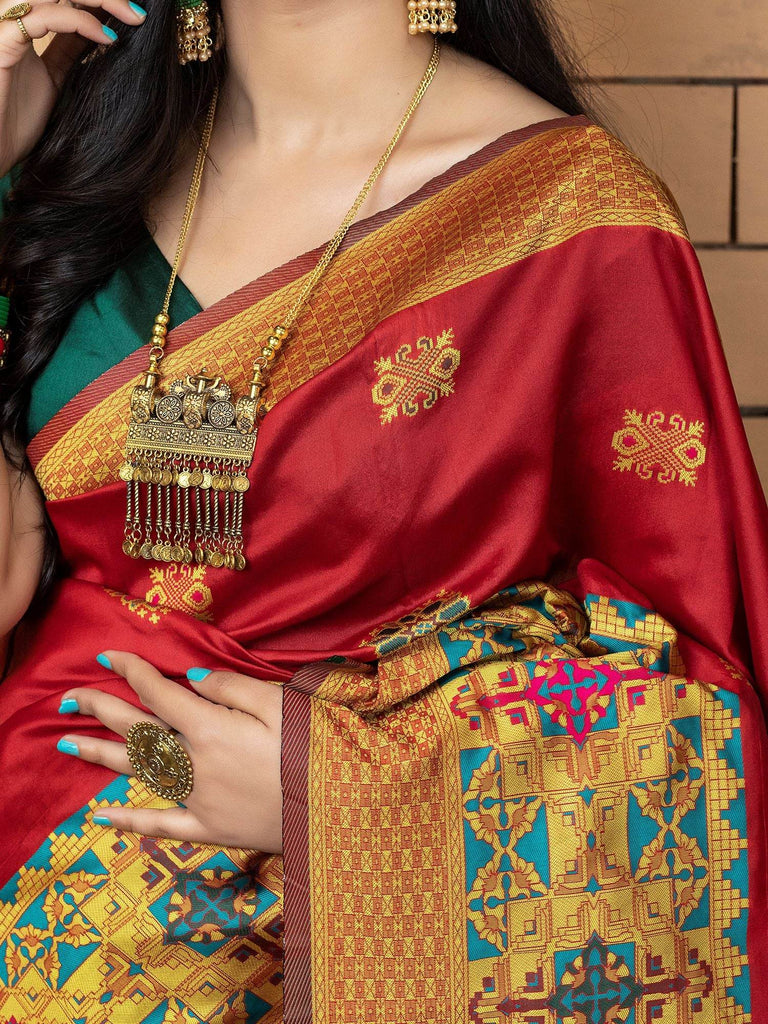 Beautiful Red Zari Weaving Banarasi Silk Festival Saree With Blouse