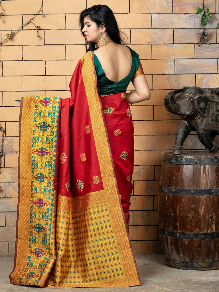 Beautiful Red Zari Weaving Banarasi Silk Festival Saree With Blouse