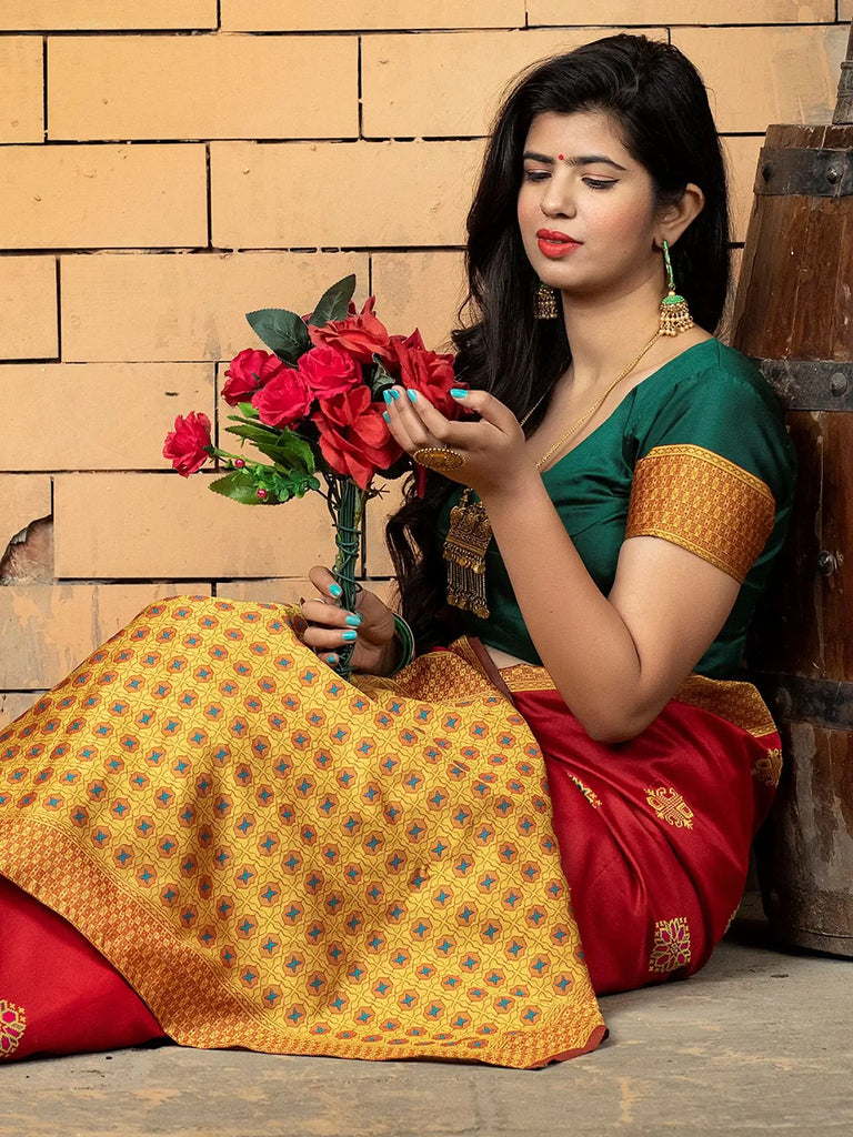 Beautiful Red Zari Weaving Banarasi Silk Festival Saree With Blouse