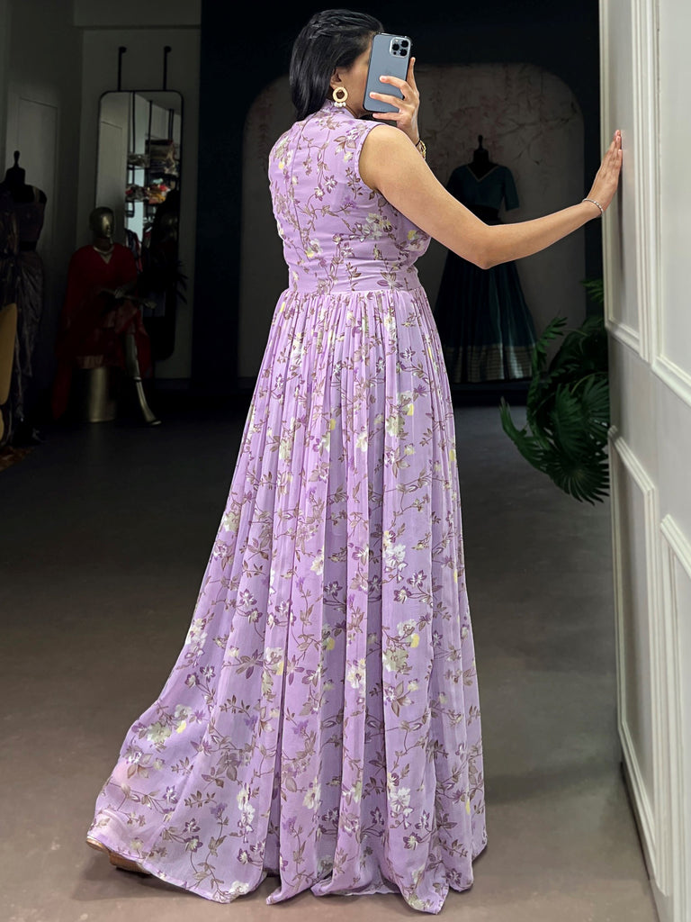 Graceful Lavender Floral Printed Georgette Casual Party Wear Dress