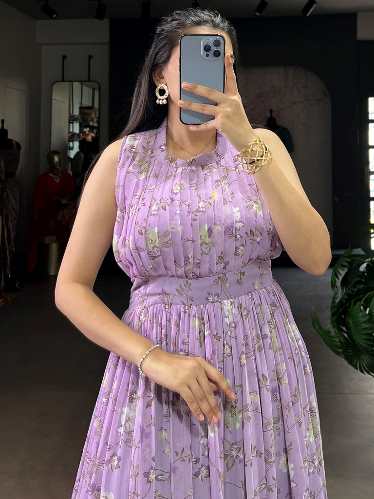 Graceful Lavender Floral Printed Georgette Casual Party Wear Dress