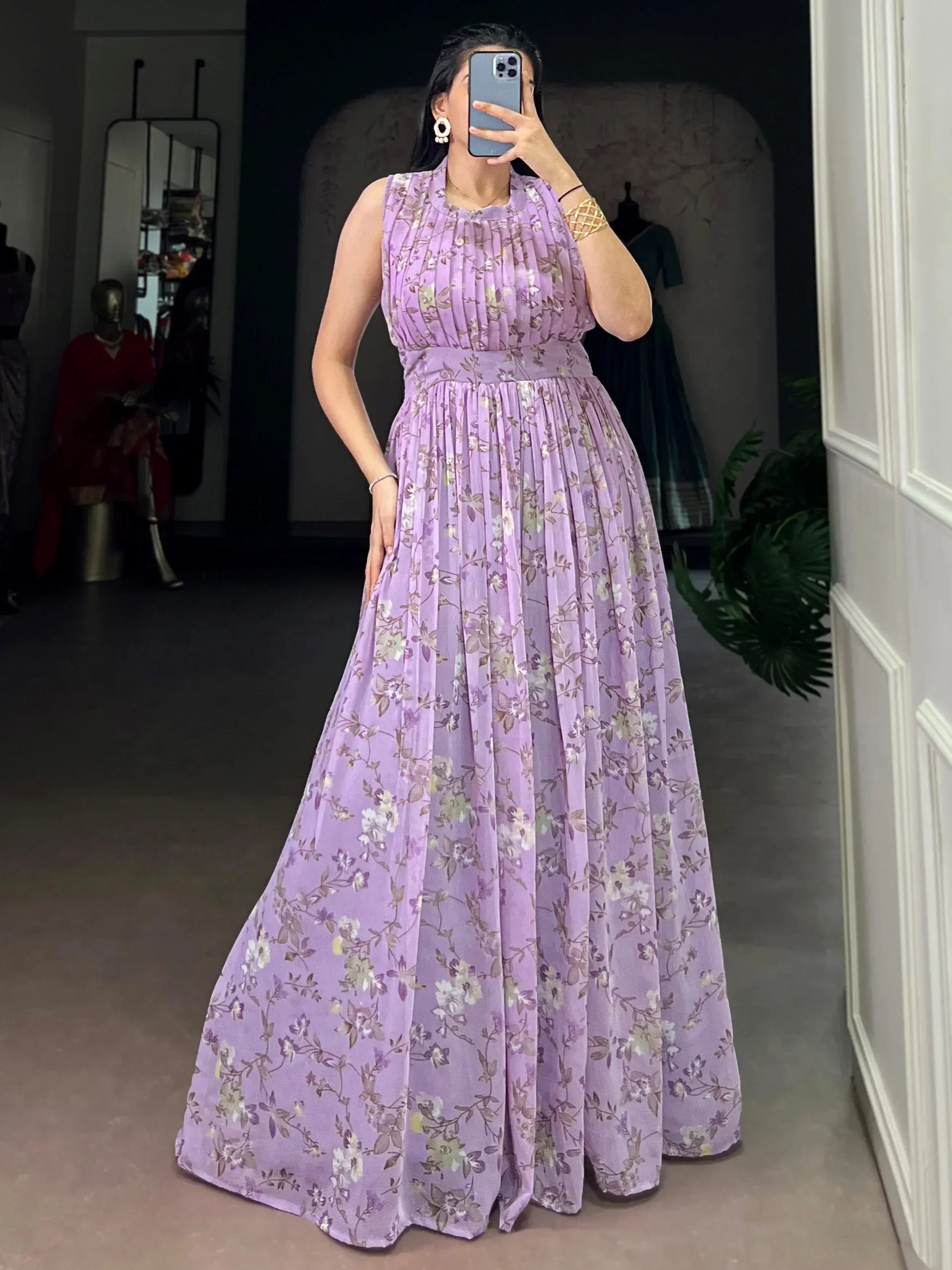 Graceful Lavender Floral Printed Georgette Casual Party Wear Dress