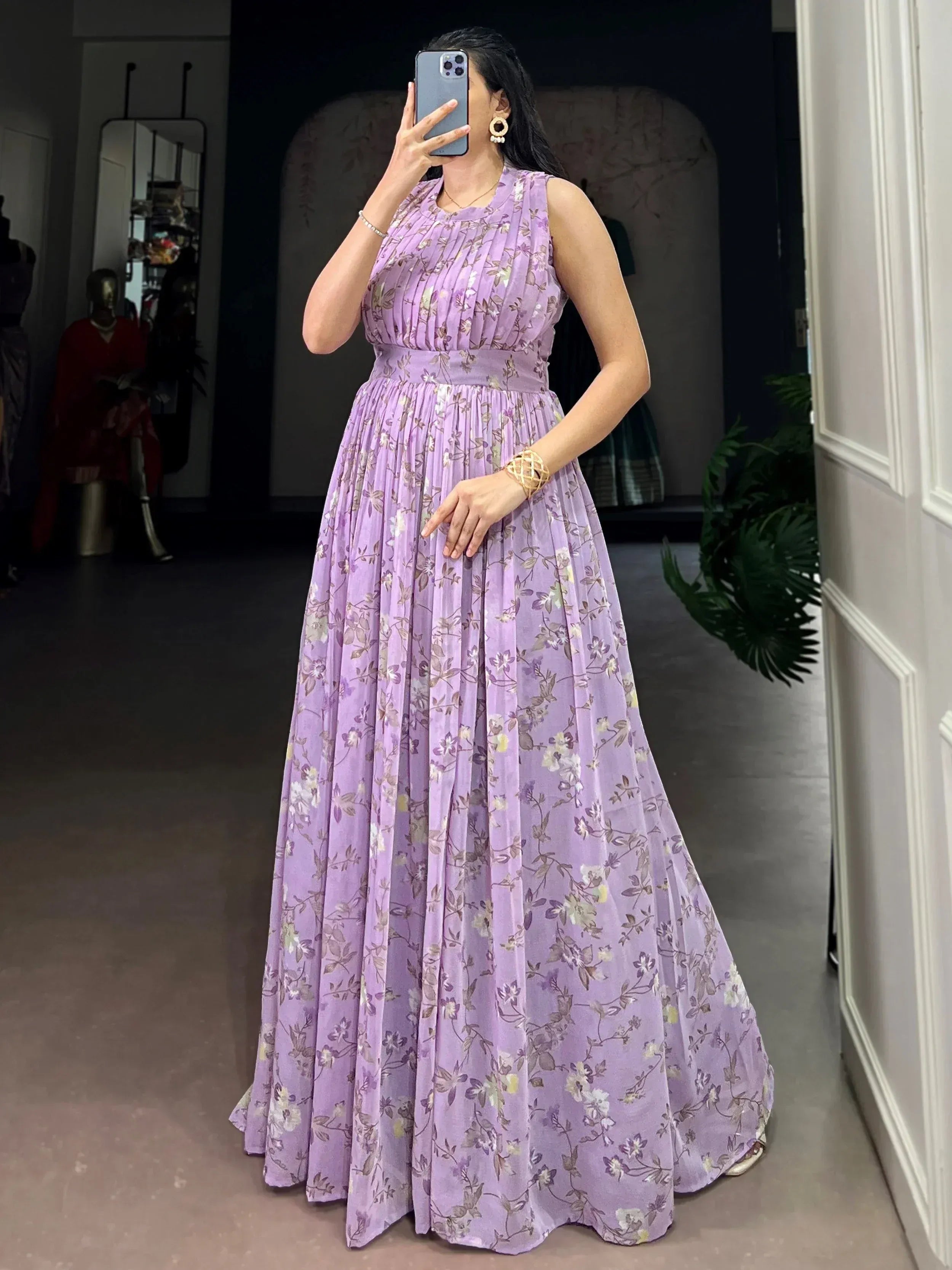 Graceful Lavender Floral Printed Georgette Casual Party Wear Dress