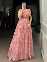 Captivating Pink Floral Printed Georgette Casual Wear Dress