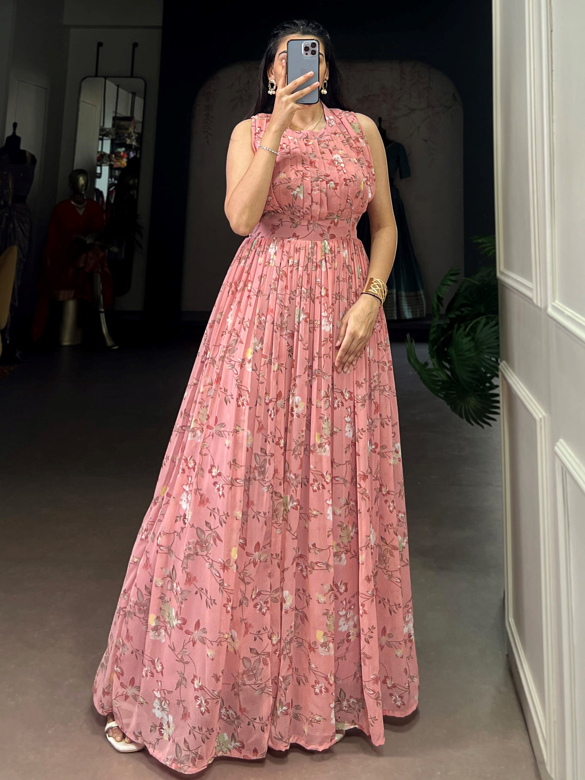 Captivating Pink Floral Printed Georgette Casual Wear Dress