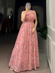 Captivating Pink Floral Printed Georgette Casual Wear Dress