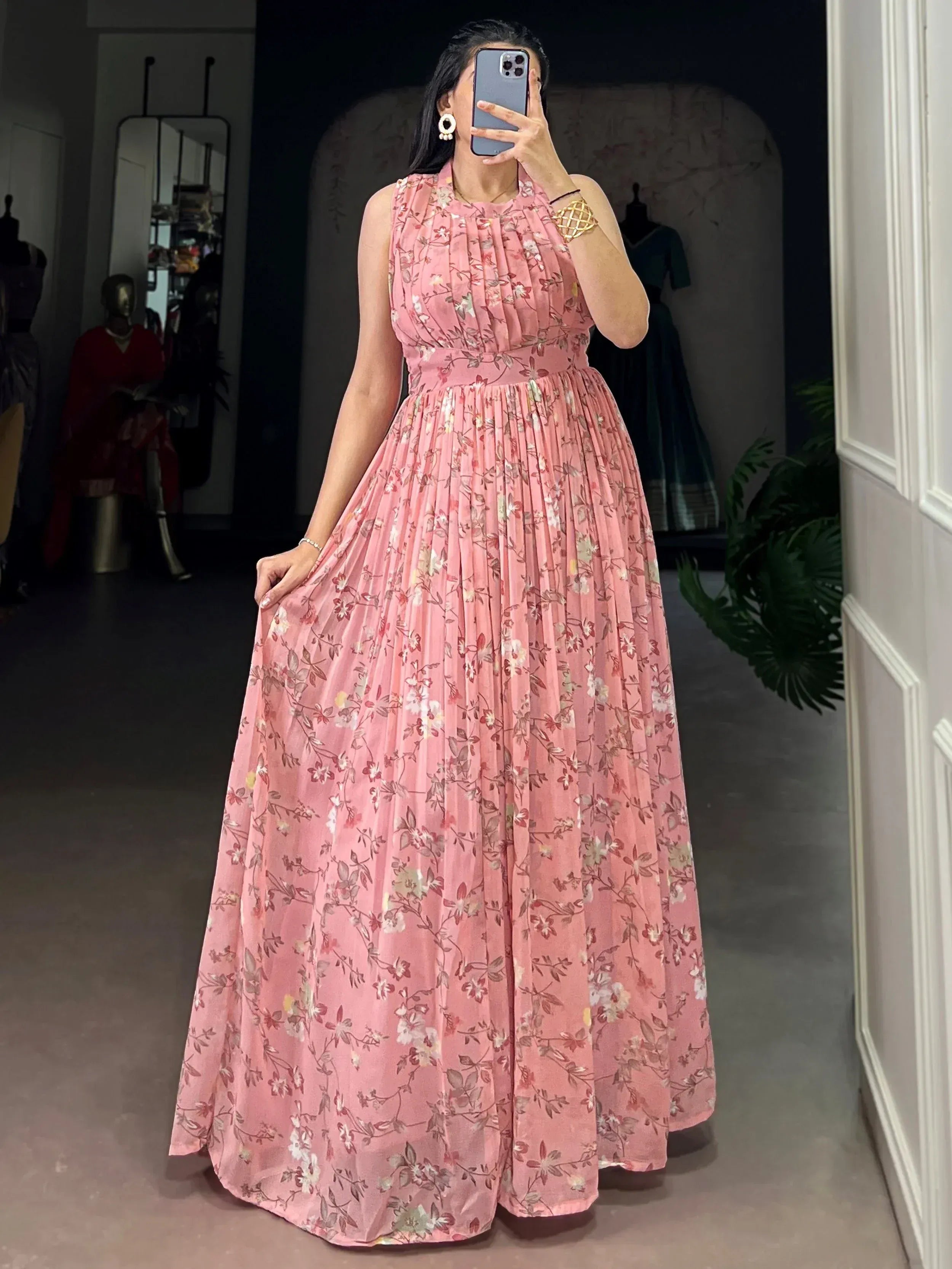 Captivating Pink Floral Printed Georgette Casual Wear Dress