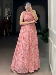 Captivating Pink Floral Printed Georgette Casual Wear Dress