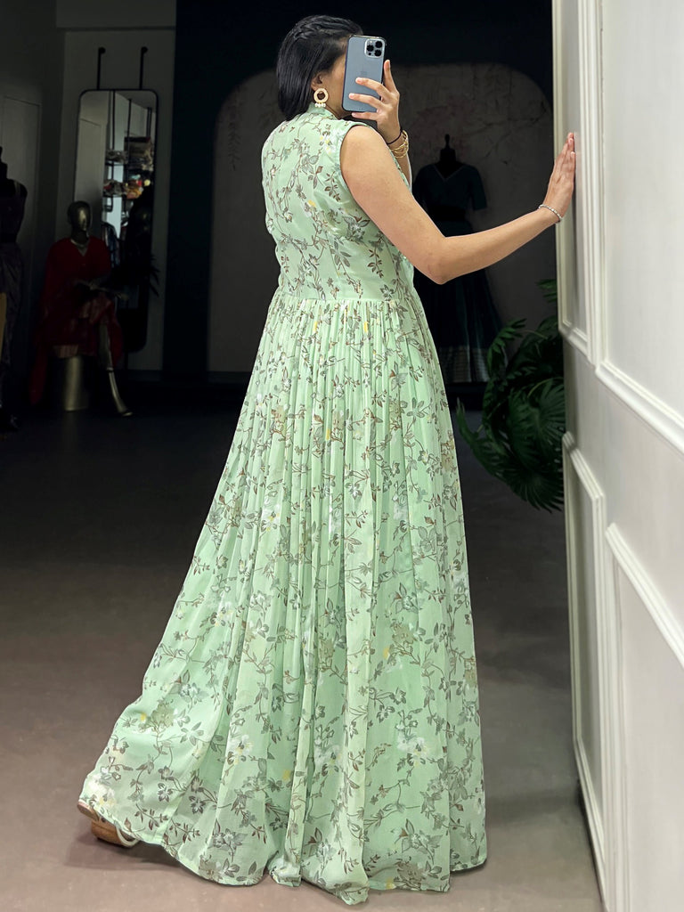 Outstanding Green Floral Printed Georgette Casual Party Wear Dress