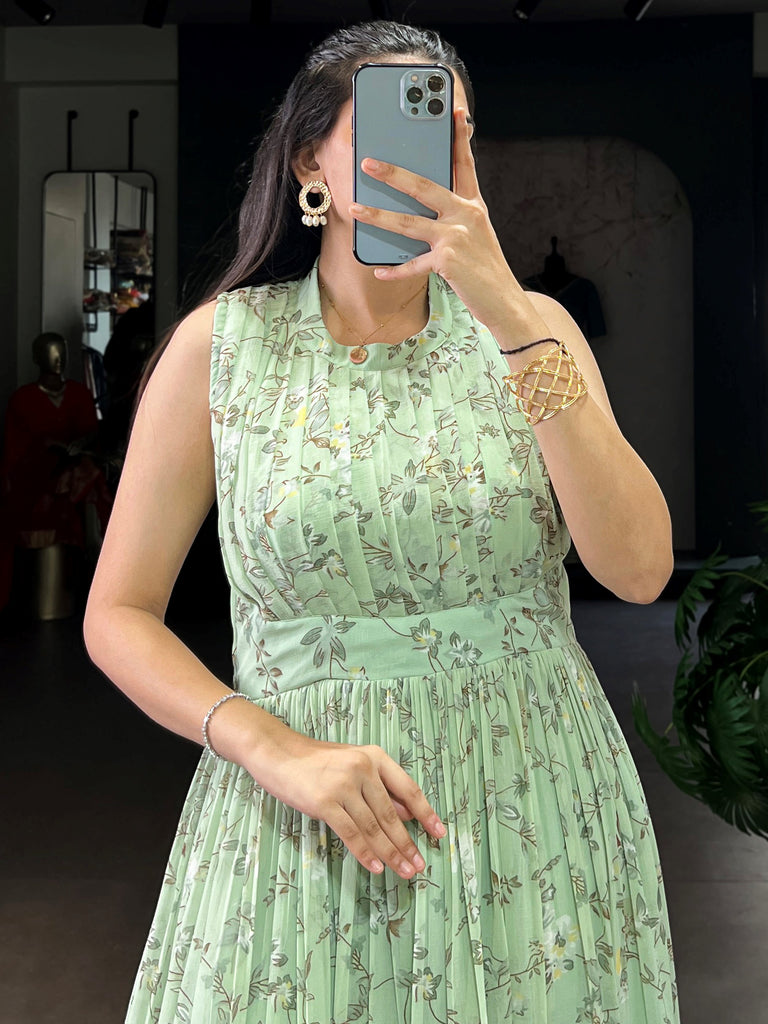 Outstanding Green Floral Printed Georgette Casual Party Wear Dress