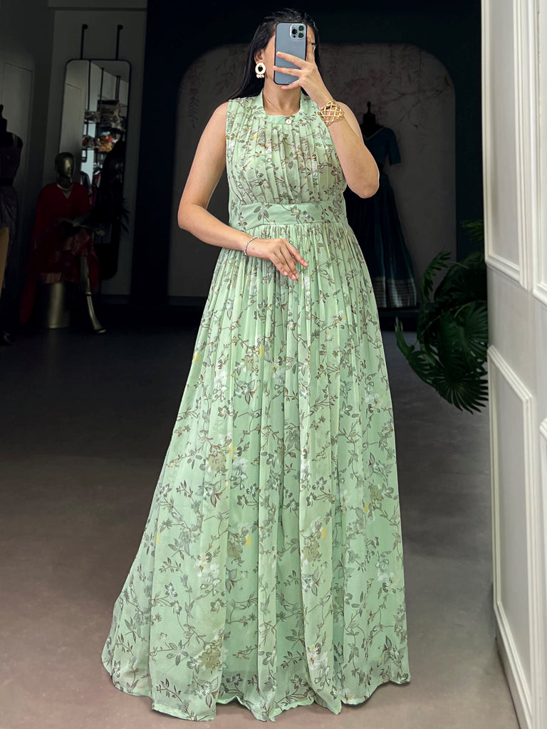 Outstanding Green Floral Printed Georgette Casual Party Wear Dress