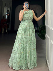 Outstanding Green Floral Printed Georgette Casual Party Wear Dress
