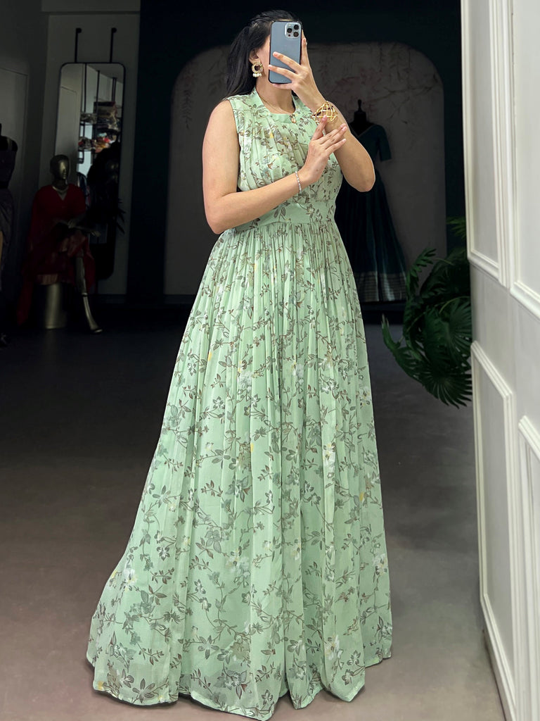 Outstanding Green Floral Printed Georgette Casual Party Wear Dress