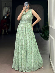 Outstanding Green Floral Printed Georgette Casual Party Wear Dress