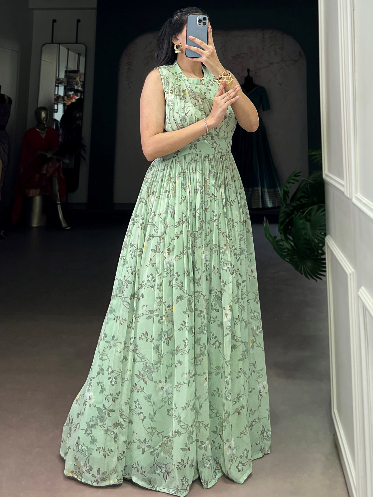 Outstanding Green Floral Printed Georgette Casual Party Wear Dress