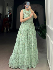 Outstanding Green Floral Printed Georgette Casual Party Wear Dress