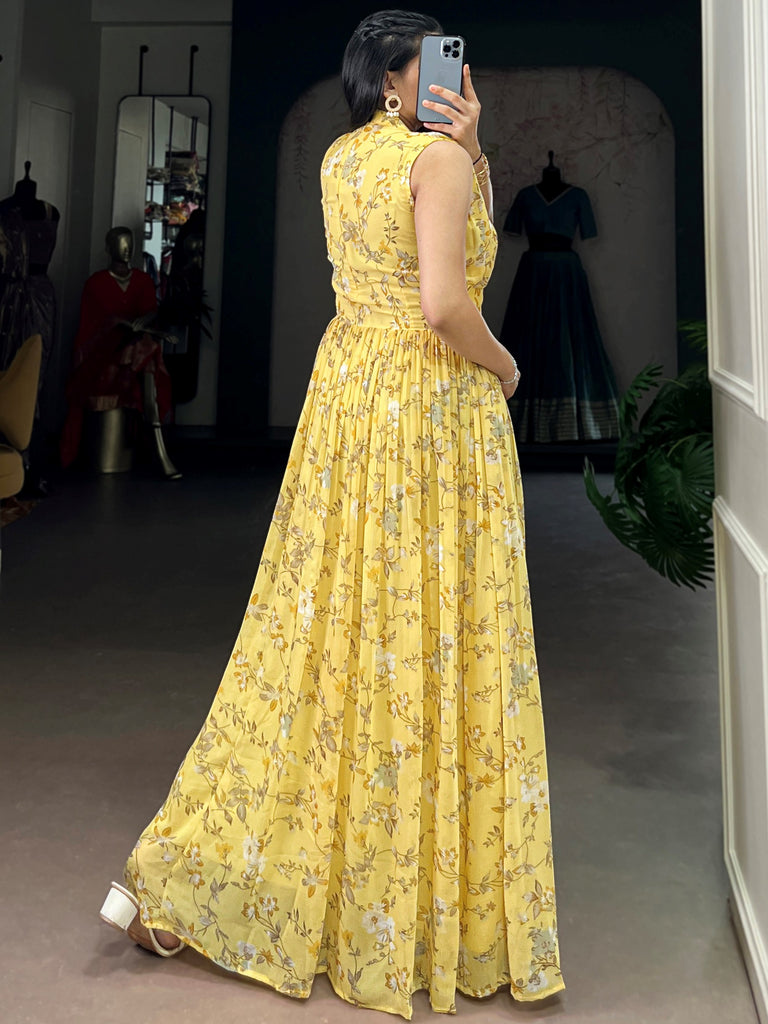 Elegant Yellow Floral Printed Georgette Casual Wear Dress