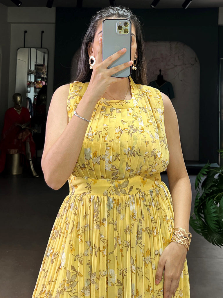 Elegant Yellow Floral Printed Georgette Casual Wear Dress