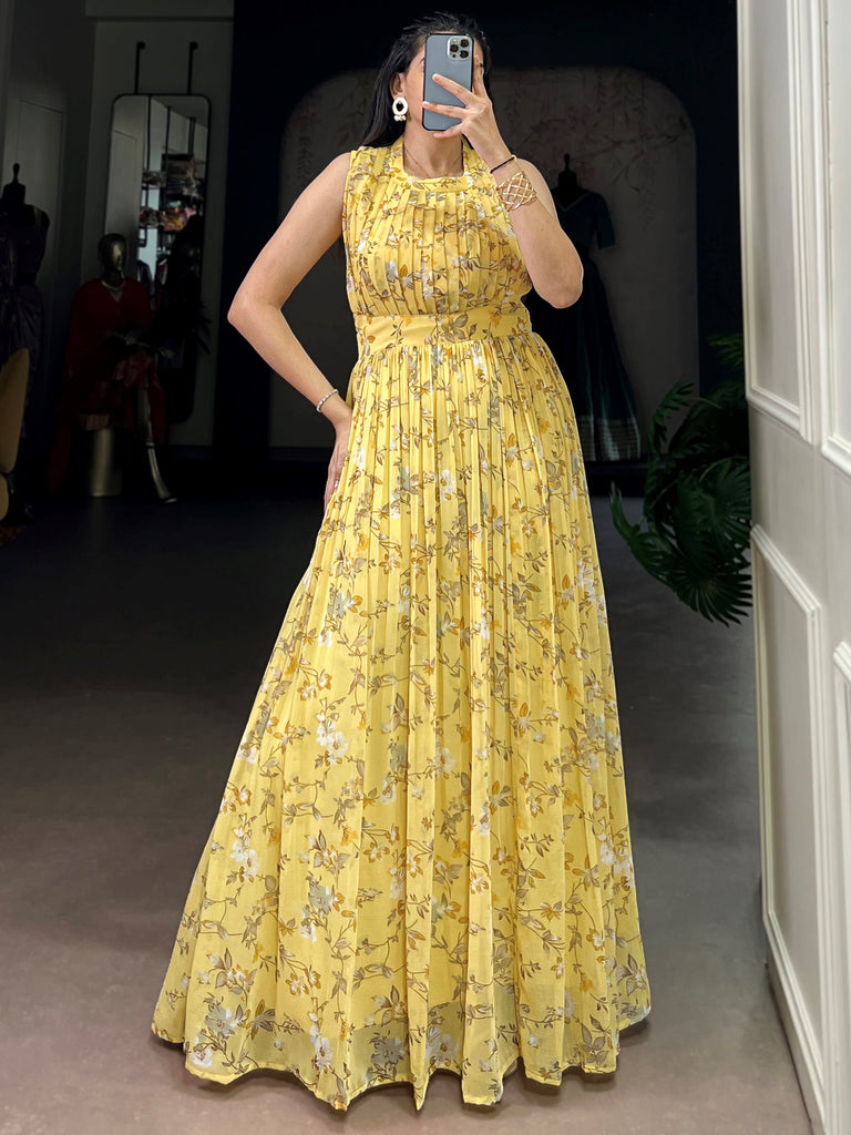 Elegant Yellow Floral Printed Georgette Casual Wear Dress
