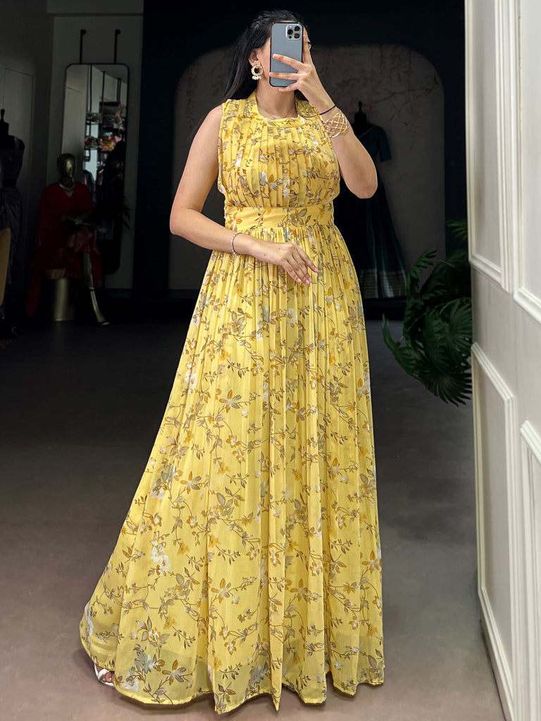 Elegant Yellow Floral Printed Georgette Casual Wear Dress