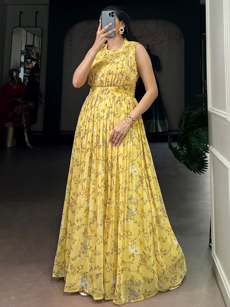 Elegant Yellow Floral Printed Georgette Casual Wear Dress