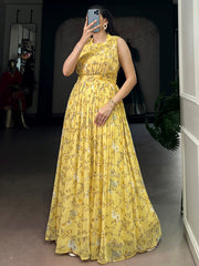 Elegant Yellow Floral Printed Georgette Casual Wear Dress