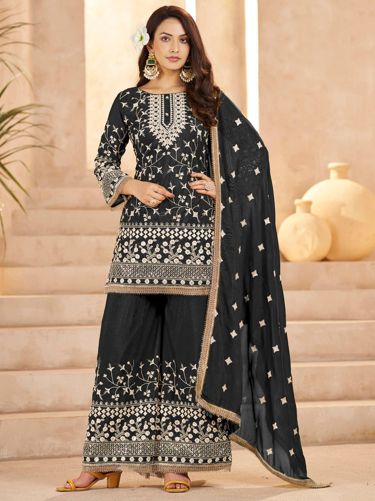 Captivating Black Embroidered Georgette Wedding Wear Palazzo Suit