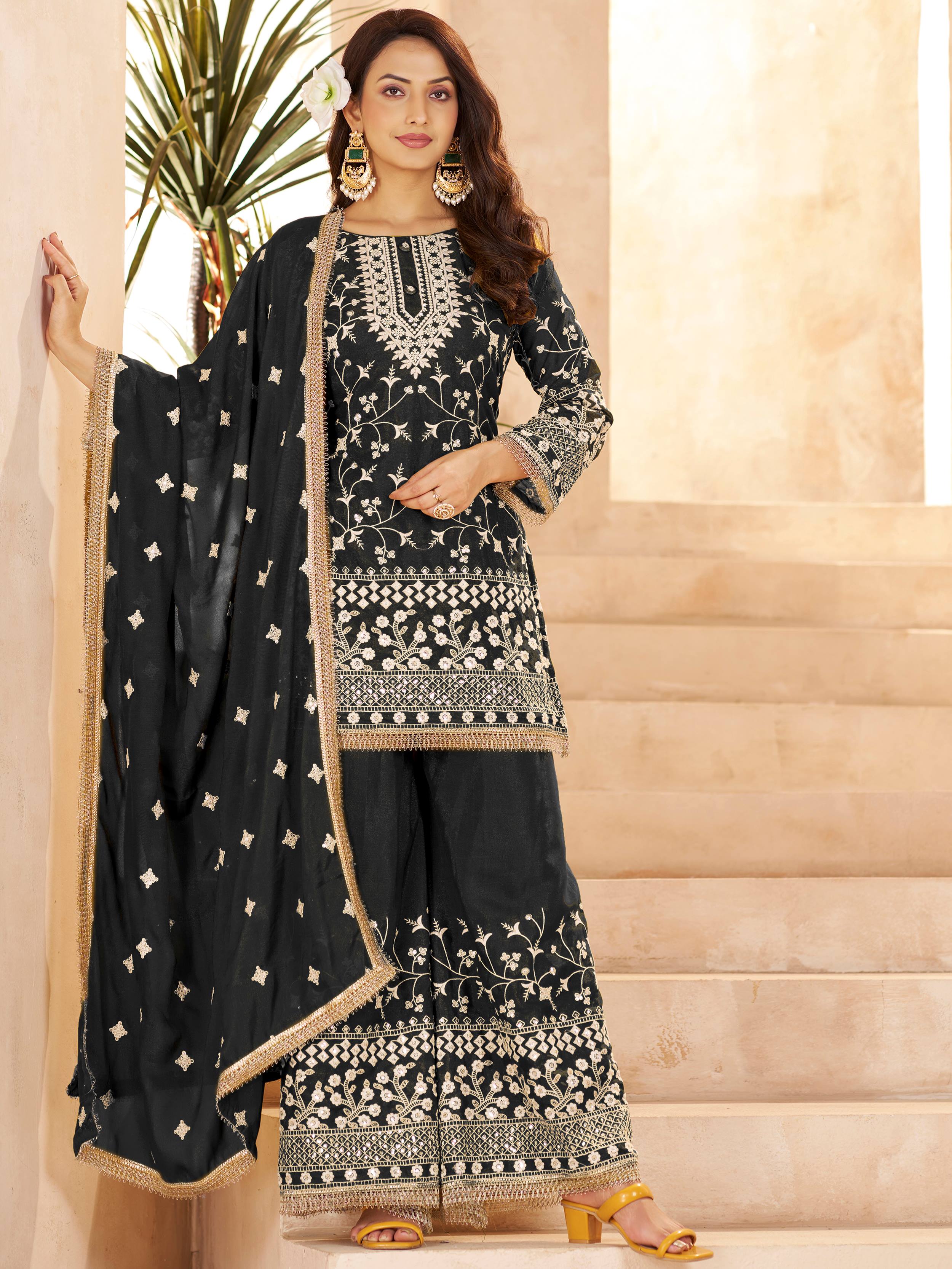 Captivating Black Embroidered Georgette Wedding Wear Palazzo Suit