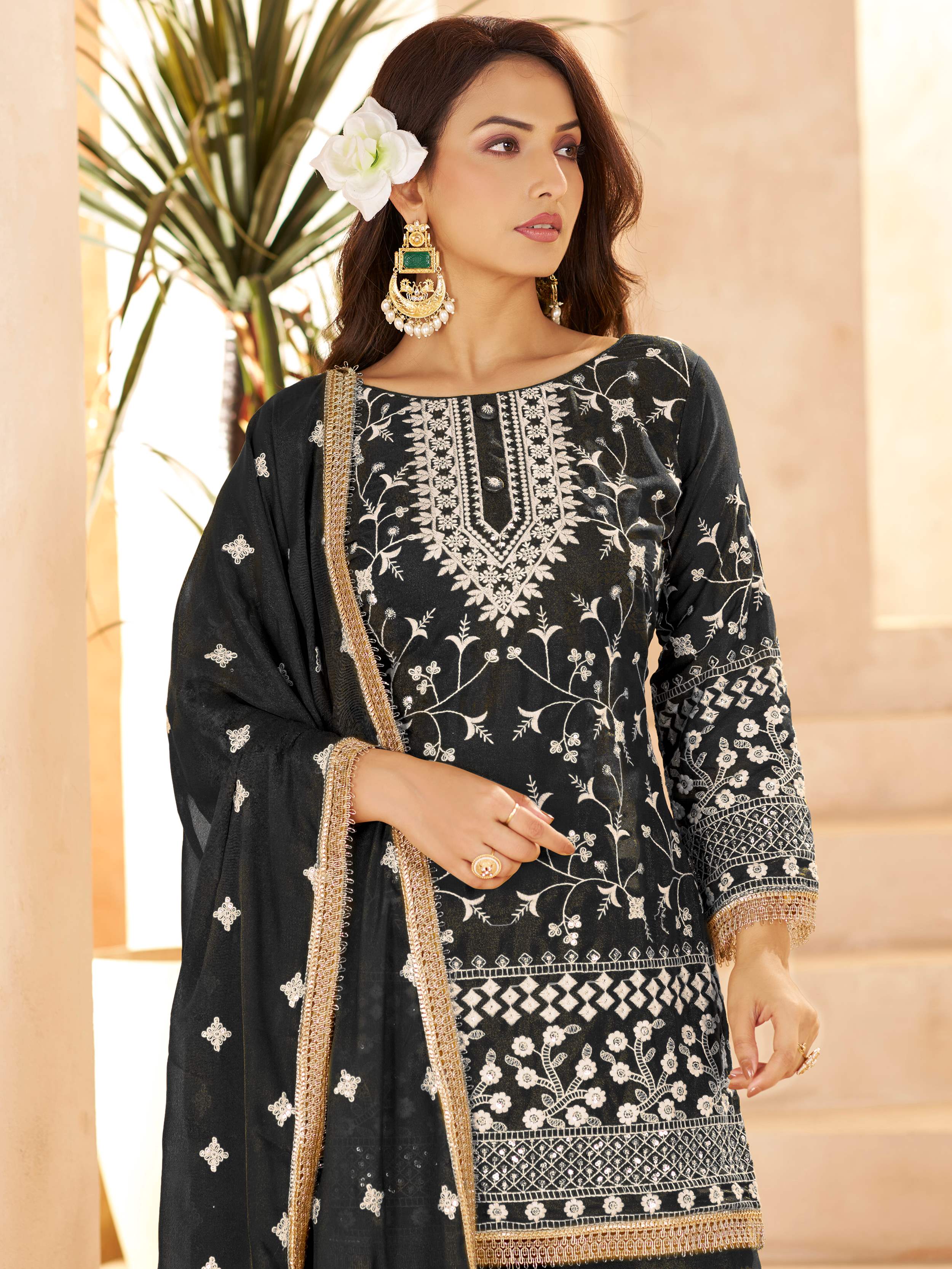 Captivating Black Embroidered Georgette Wedding Wear Palazzo Suit