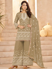 Glowing Green Embroidered Georgette Function Wear Palazzo Suit