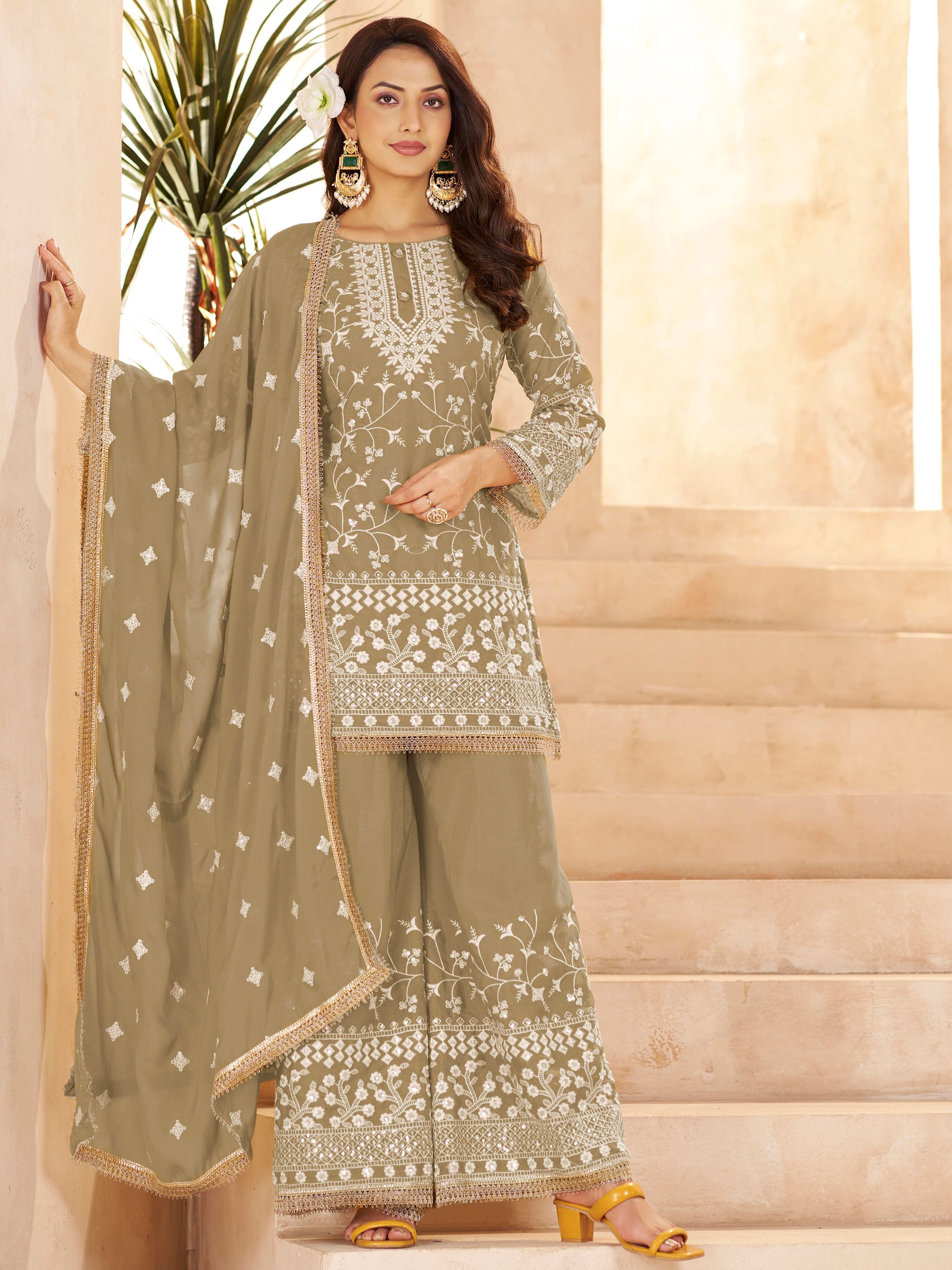 Glowing Green Embroidered Georgette Function Wear Palazzo Suit