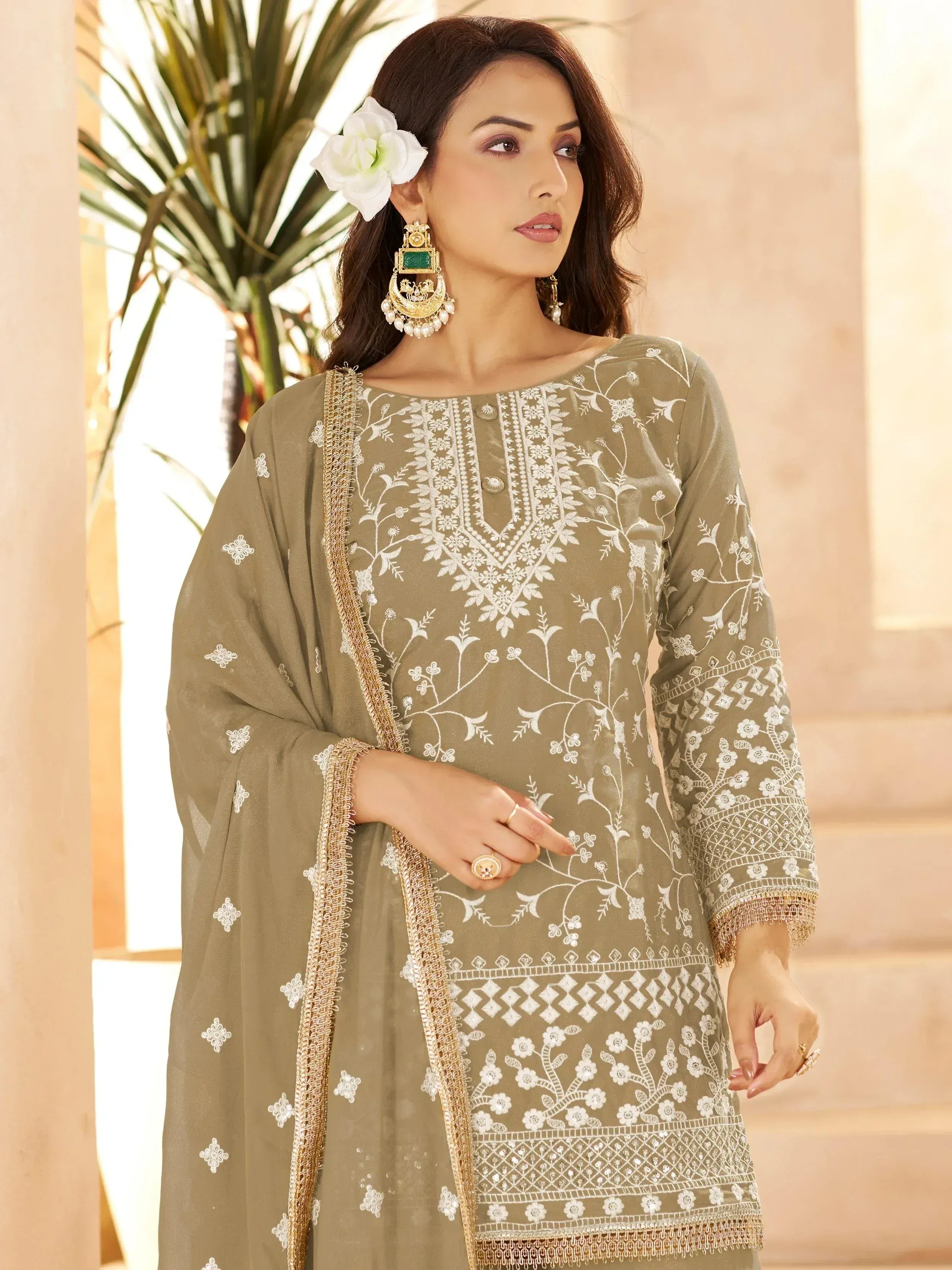 Glowing Green Embroidered Georgette Function Wear Palazzo Suit