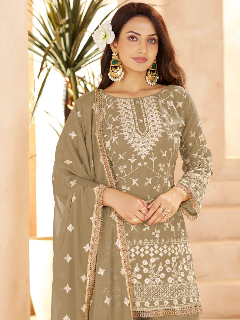 Glowing Green Embroidered Georgette Function Wear Palazzo Suit