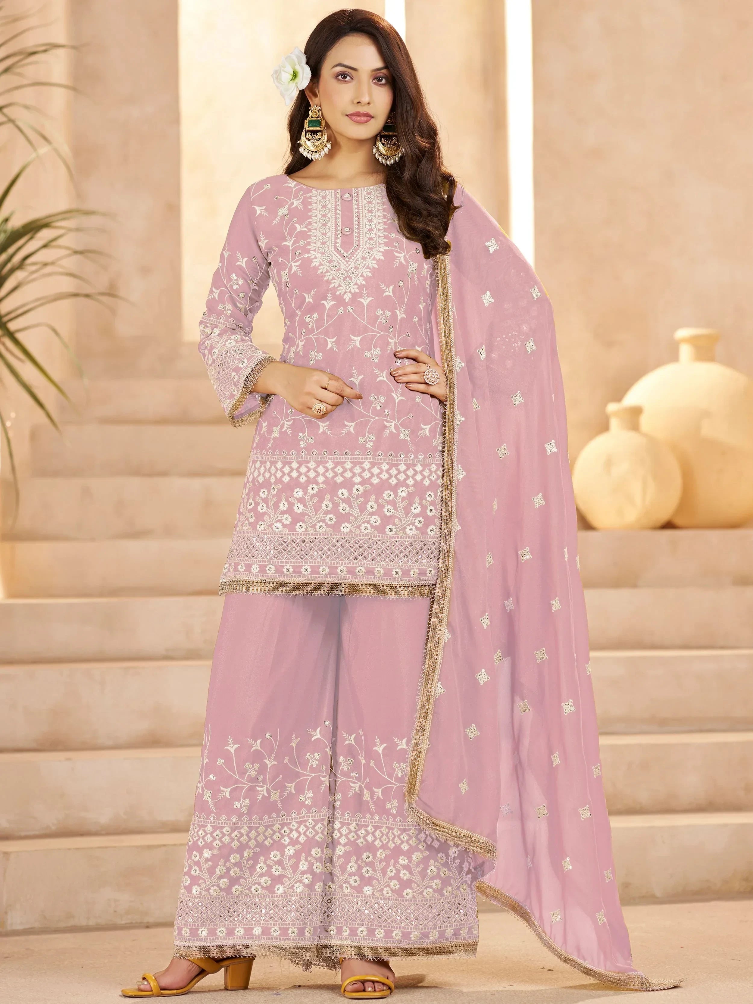 Sparkling Pink Embroidered Georgette Festival Wear Palazzo Suit