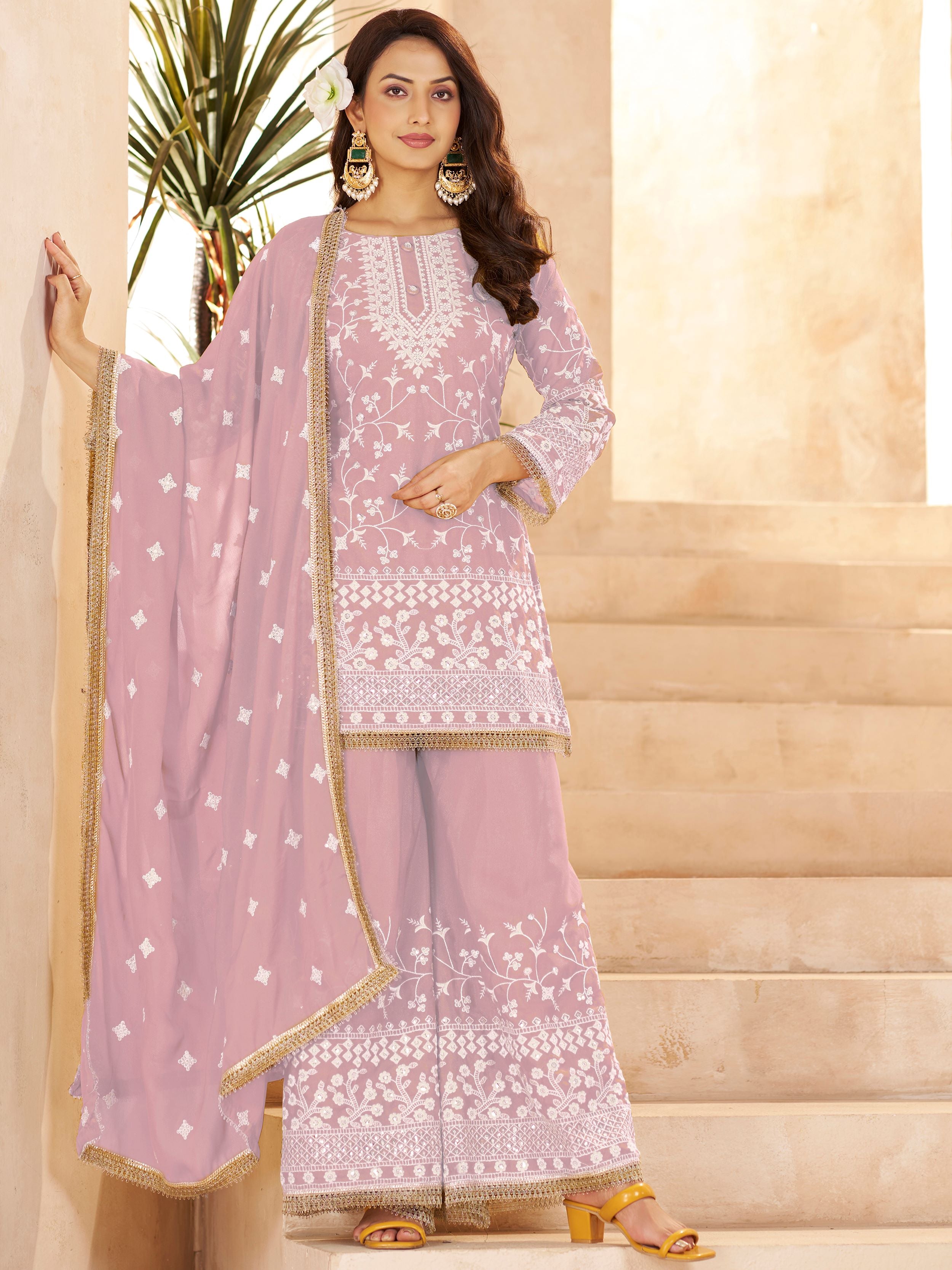 Sparkling Pink Embroidered Georgette Festival Wear Palazzo Suit