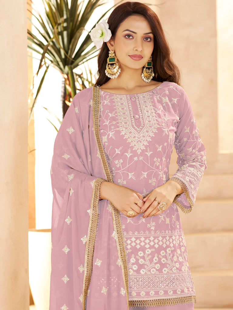 Sparkling Pink Embroidered Georgette Festival Wear Palazzo Suit
