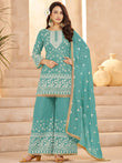 Fantastic Blue Embroidered Georgette Function Wear Palazzo Suit