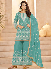 Fantastic Blue Embroidered Georgette Function Wear Palazzo Suit