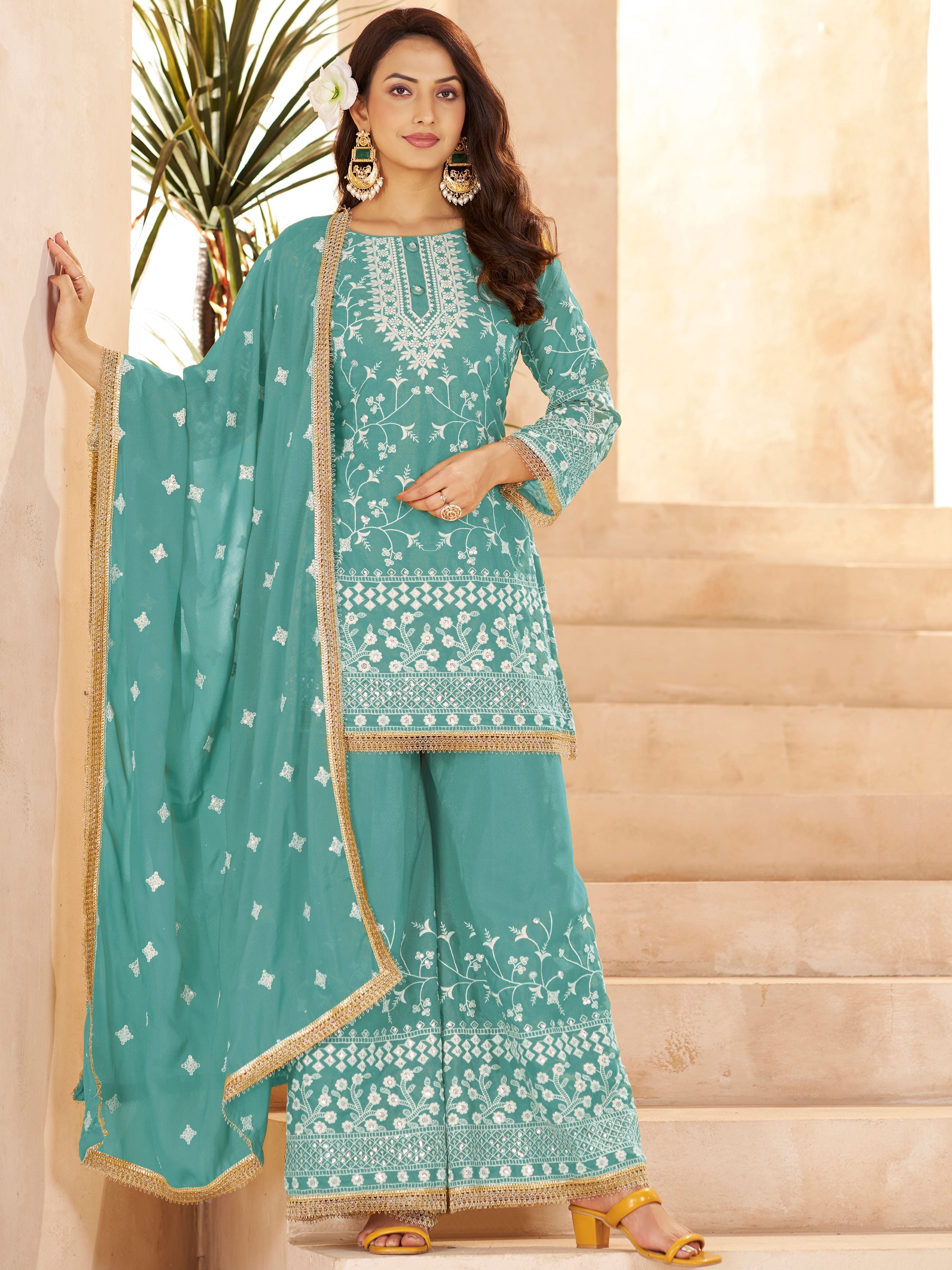 Fantastic Blue Embroidered Georgette Function Wear Palazzo Suit